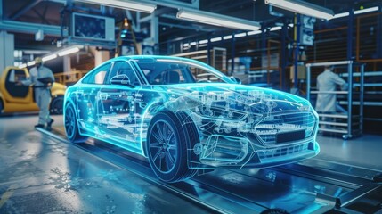 Engineers work meticulously on a digitally augmented vehicle in a state-of-the-art automotive manufacturing facility. Automotive Innovation Hub