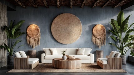 Modern Living Room with Pale Blue Walls and Dark Wood Accents