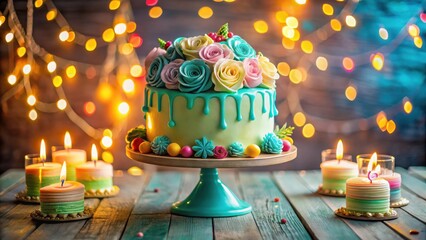 Delicious pastel-colored cake decorated with sugar roses and surrounded by glowing candles on a rustic wooden table