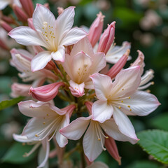 Fototapeta premium A close-up of Lonicera Periclymenum (Honeysuckle) flowers, their creamy white and pale pink petals unfurling and releasing a sweet fragrance in a garden