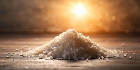 A heap of crystalline sea salt sits on a rustic wooden surface, backlit by a warm golden sunset glow.