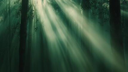 Serene Forest Scene with Rays of Light Streaming Through Trees