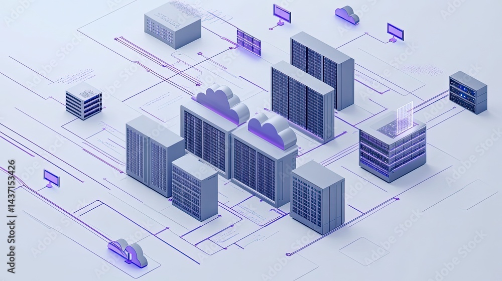 Poster a visual representation of cloud infrastructure, with multiple servers and data pathways.