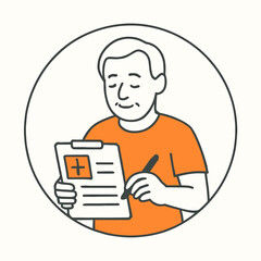 Senior man filling out medical form happily  