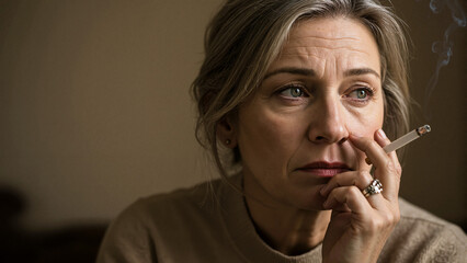 Depressive sad middle-aged woman smoking against a neutral background