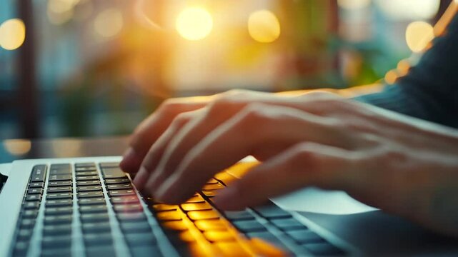 Typing on a Laptop Keyboard in a Brightly Lit Space, Focus on Hands