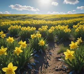 Fototapeta premium Sun-drenched daffodil meadow, vibrant yellow blooms under blue sky, sun, hope