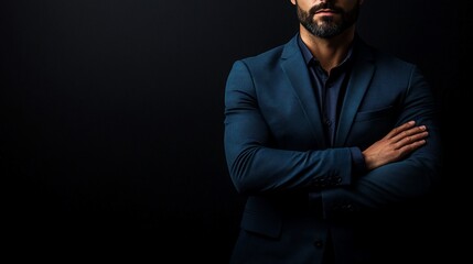 Fototapeta premium Confident man, arms crossed, dark studio, background, portrait