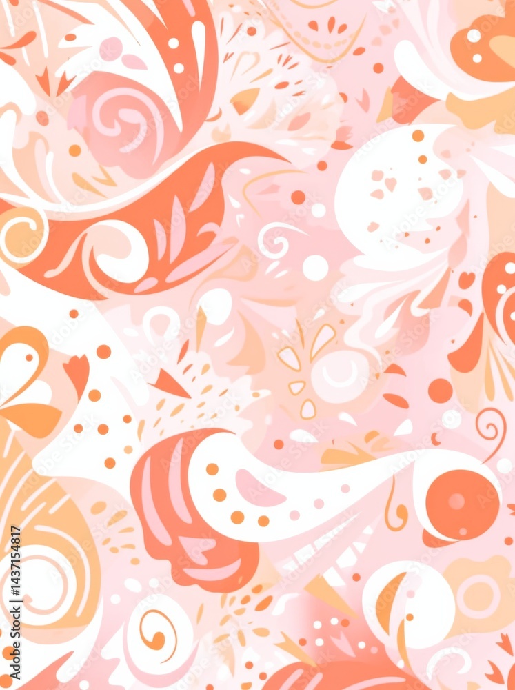 Poster pink background with peachy orange swirls, thick lines, and simple shapes in a block print style.