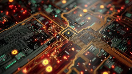 Obraz premium Illuminated circuit board, a closeup view of modern technology closeup