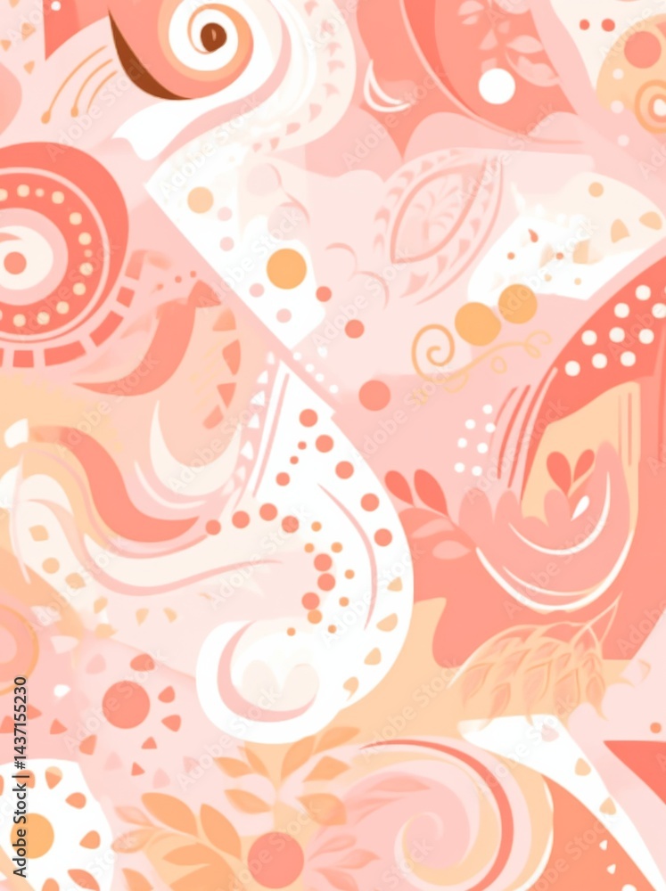 Poster pink background with peachy orange swirls, thick lines, and simple shapes in a block print style.