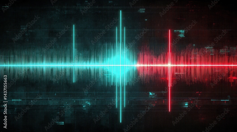 Poster dynamic sound visualization, red and green soundwave on a black background visualizing