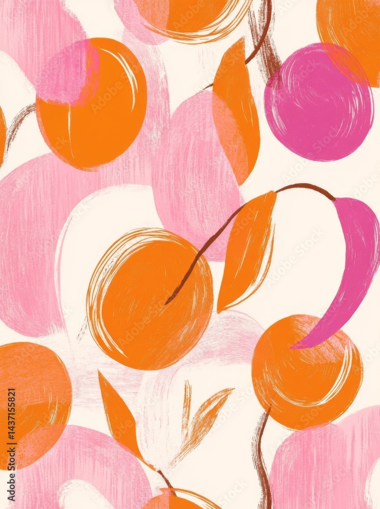 Poster pink background with peachy orange swirls, thick lines, and simple shapes in a block print style.