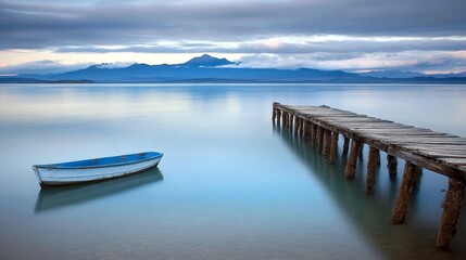 Fototapeta premium Tranquil Sea Landscape with Wooden Pier and Boat Under Soft Cloudy Sky