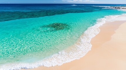 Tranquil Beach Scene with Crystal Clear Water and Soft Sand Shoreline
