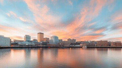 Fototapeta premium Serene Sunset Over City Skyline with Colorful Clouds and Calm Water Reflection