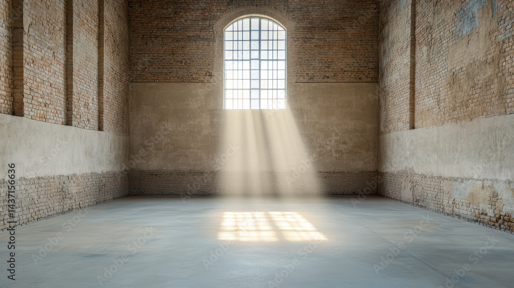 Poster bright light streams through large window, illuminating spacious, empty room with brick walls