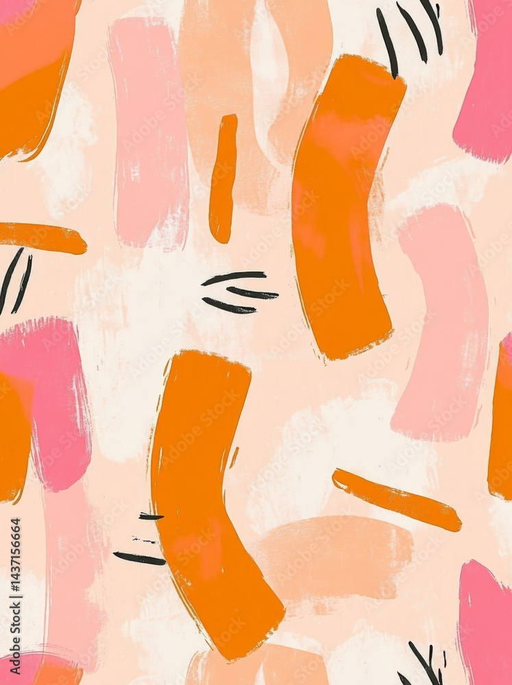 Poster pink background with peachy orange swirls, thick lines, and simple shapes in a block print style.