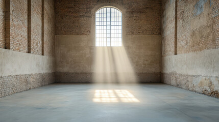 Fototapeta premium Bright light streams through large window, illuminating spacious, empty room with brick walls
