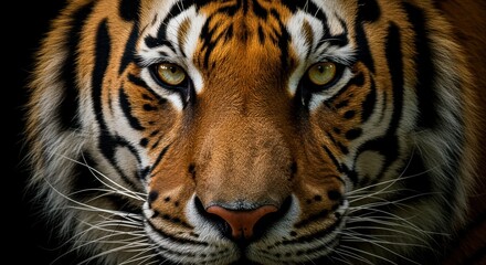 Fototapeta premium Dramatic close-up portrait of a powerful Bengal Tiger face with intense yellow eyes