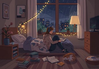 Flat style illustration of a cozy bedroom at night, person sitting on the floor 