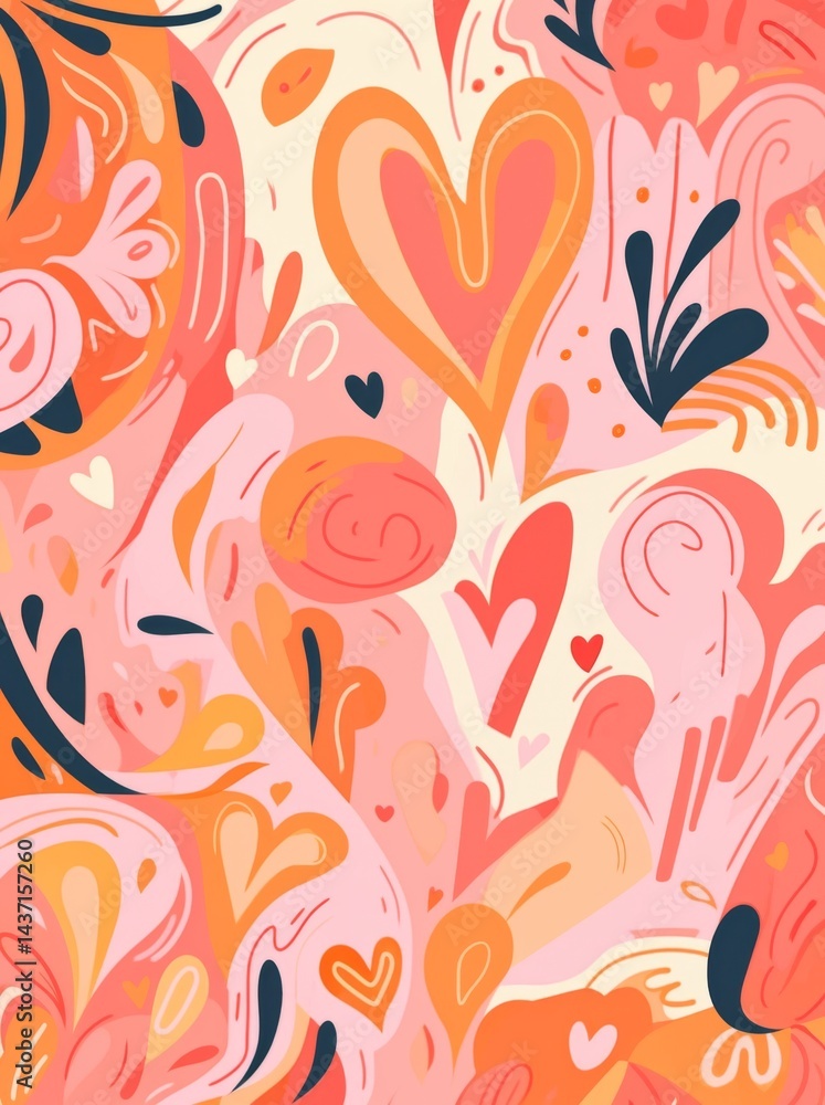 Poster pink background with peachy orange swirls, thick lines, and simple shapes in a block print style.
