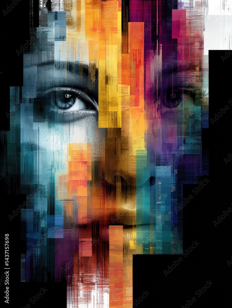 Leinwandbilder glitch art depiction of an ai face featuring vibrant color fragmentation and digital distortion effe