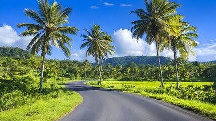 Fototapeta premium Serene Tropical Landscape with Palm Trees and Winding Road