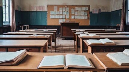 Serene classroom interior with desks, books, and a tranquil, nostalgic atmosphere