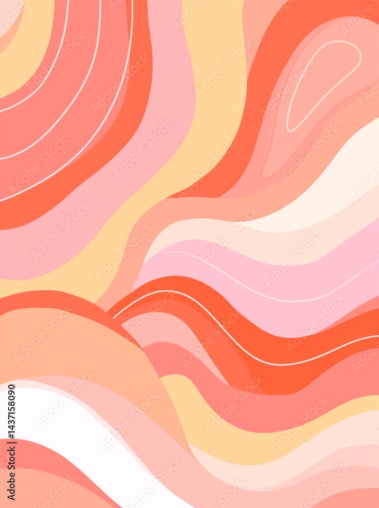 Poster pink background with peachy orange swirls, thick lines, and simple shapes in a block print style.