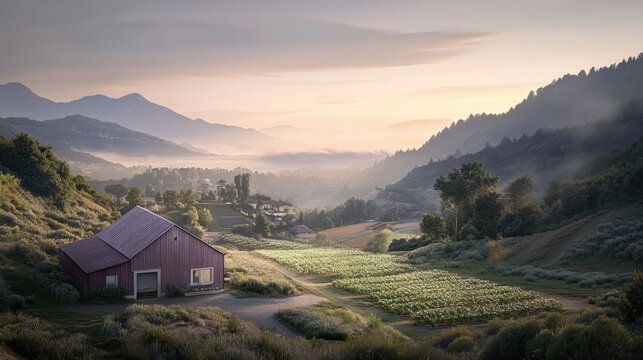 Serene countryside landscape at dawn with a rustic barn and lush fields under soft light - Powered by Adobe