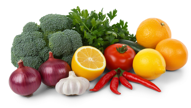 Fresh fruits and vegetables with broccoli, tomato, lemon, oranges, red onion, garlic, parsley, red chili peppers isolated transparent

