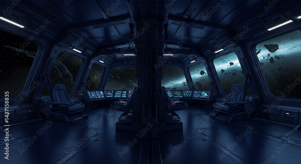 Poster hdri panoramic 360-degree high resolution rendering of futuristic spaceship interior glowing windows