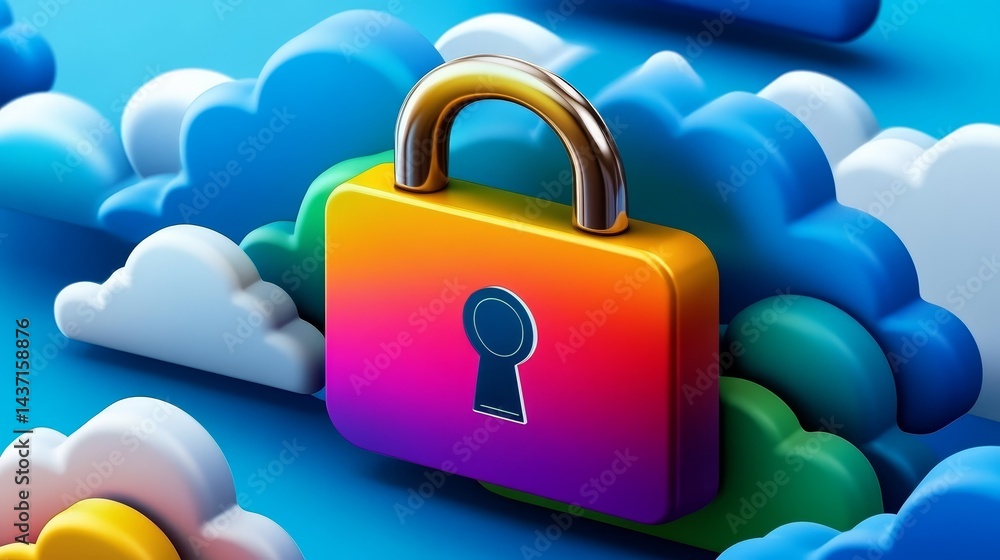 Poster cloud security, a lock in the clouds symbolizing data protection and access control