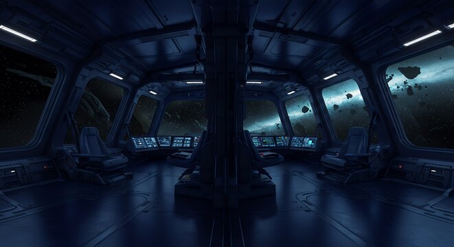 HDRI panoramic 360-degree high resolution rendering of futuristic spaceship interior glowing windows metallic walls immersive reflections suitable sci-fi concept artwork VR mapping digital space