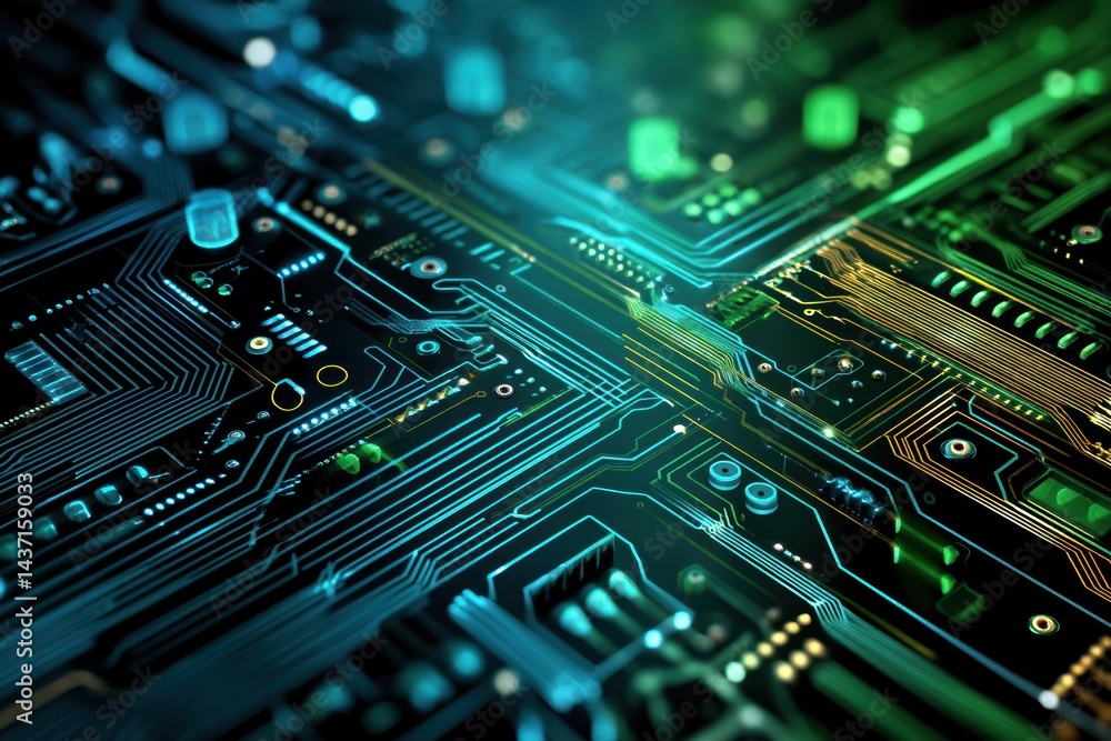 Fototapete Exploring a Minimal Computer Circuit Board Design With Blue and Green Neon Highlights in Flat Perspective