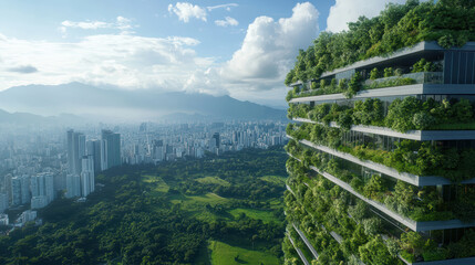 Obraz premium Sustainable cityscape featuring green buildings and lush vegetation, showcasing harmony with