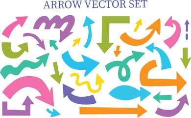 Colorful arrow vector doodle set featuring bold, playful, curved, and abstract arrows. Perfect for infographics, presentations, web design, social media graphics, marketing, icons, UI elements