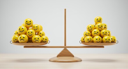 Convey modern business feedback concepts crisp high definition photograph showing emotional smile symbols outweighing sad icons on balanced wooden scales against clean white background illustrating