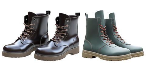 Brown and green mid-calf leather boots isolated on transparent background. 2 pairs of men's shoes