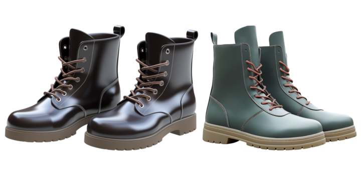 Brown and green mid-calf leather boots isolated on transparent background. 2 pairs of men's shoes