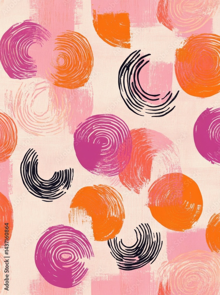 Poster pink background with peachy orange swirls, thick lines, and simple shapes in a block print style.
