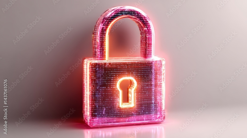 Poster enhanced security, glowing padlock with key symbolizing digital data protection and access control