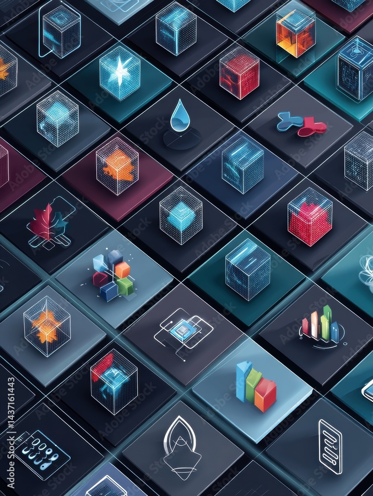 Poster Isometric Digital Symbols and Icons Displayed on a Clean Grid Background Featuring Vibrant Colors and Modern Design Elements