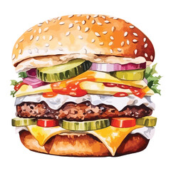 double cheeseburger with all the_topping  cute watercolors illustration on white background