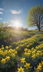 Obraz premium Sun-drenched meadow ablaze with yellow daffodils under a brilliant blue sky , image, sun, landscape