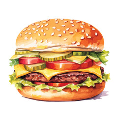 double cheeseburger with all the_topping  cute watercolors illustration on white background