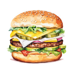 double cheeseburger with all the_topping  cute watercolors illustration on white background