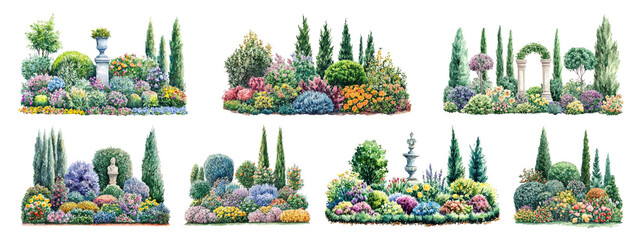 PNG Colorful, lush garden landscape illustrations, elements on transparent background