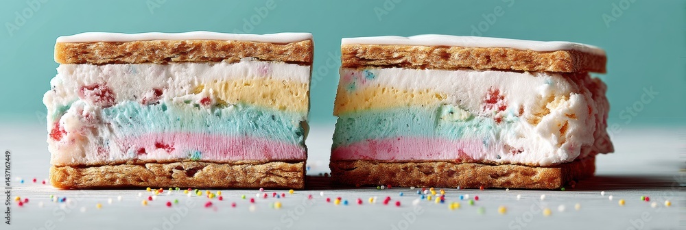 Poster delightful ice cream sandwich cut in half with colorful layers and sprinkles on a light background